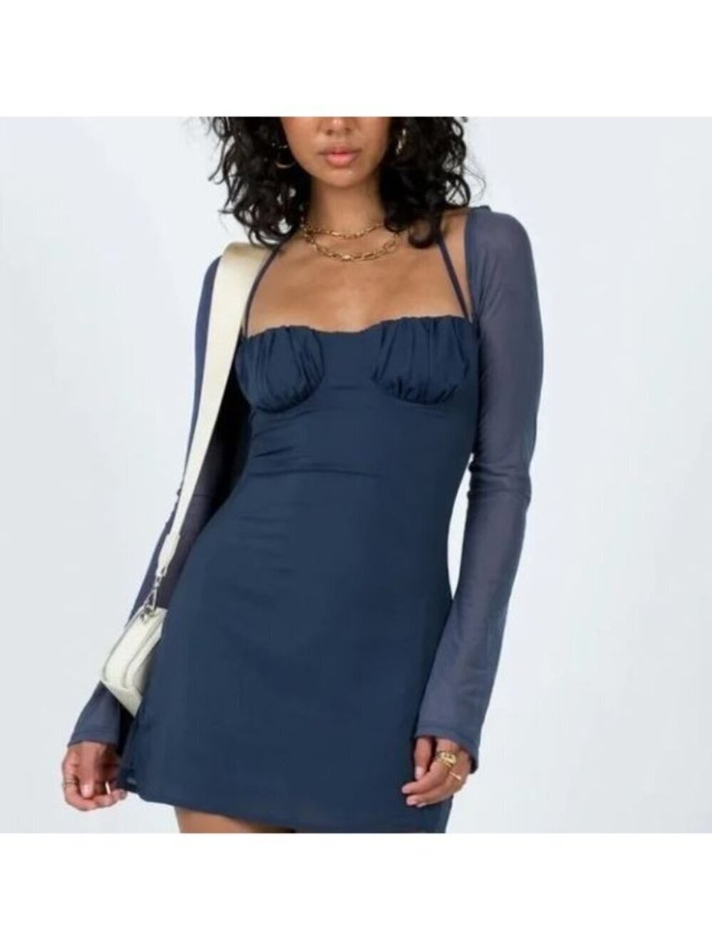 Princess Polly Dress Womens 8 Blue Corset Sheer Flared Sleeve Tie Neck Romantic